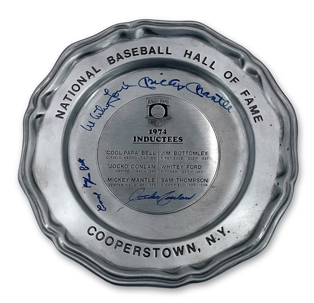 Mickey Mantle Signed 1974 HOF Induction Pewter Plate signed by the Four Living Inductees Mantle, Ford, Conlan, Papa Bell (JSA LOA) 