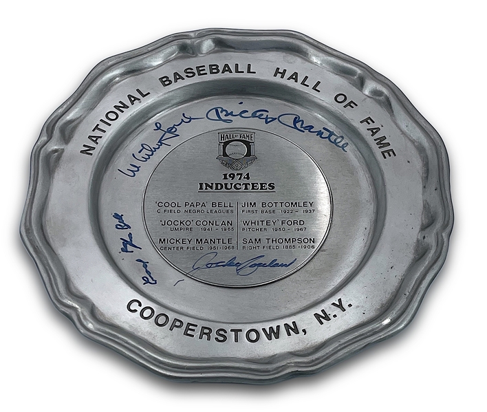 Mickey Mantle Signed 1974 HOF Induction Pewter Plate signed by the Four Living Inductees Mantle, Ford, Conlan, Papa Bell (JSA LOA) 