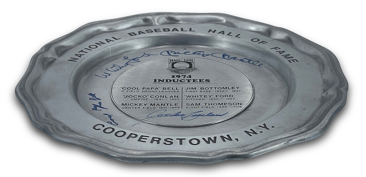 Mickey Mantle Signed 1974 HOF Induction Pewter Plate signed by the Four Living Inductees Mantle, Ford, Conlan, Papa Bell (JSA LOA) 