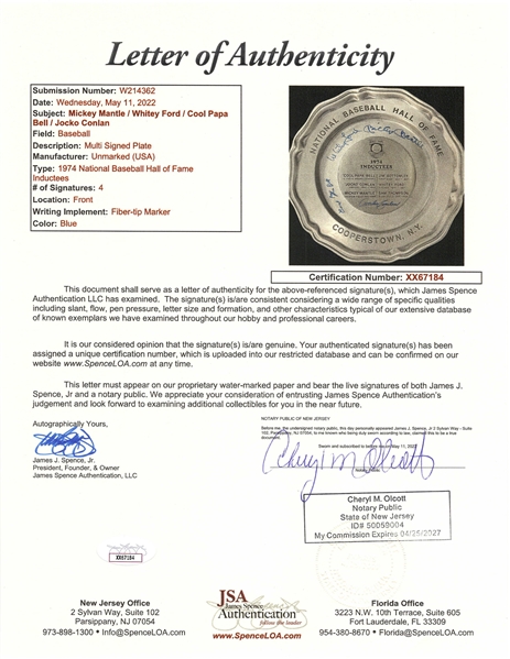 Mickey Mantle Signed 1974 HOF Induction Pewter Plate signed by the Four Living Inductees Mantle, Ford, Conlan, Papa Bell (JSA LOA) 