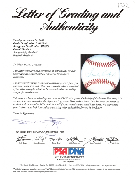 Sandy Koufax Signed ONL Giamatti Baseball - PSA/DNA Graded 8 (PSA/DNA LOA)