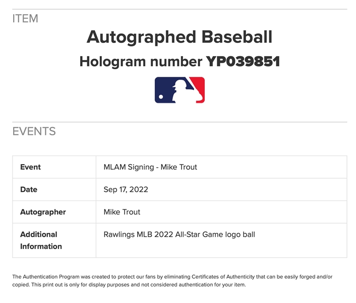 Mike Trout Signed 2022 All-Star Game Official MLB Baseball (MLB # YP039851)