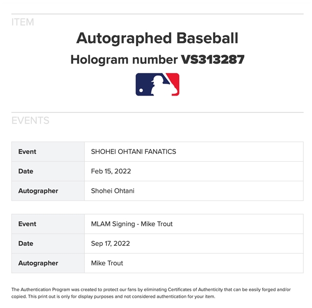 Shohei Ohtani & Mike Trout Dual-Signed Official MLB Baseball (MLB #VS313287)