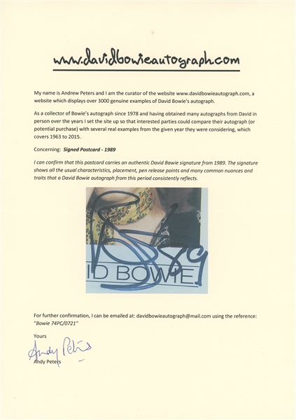 David Bowie 1989 Signed “Diamond Dogs” Postcard Photo (Andy Peters Bowie Expert) 