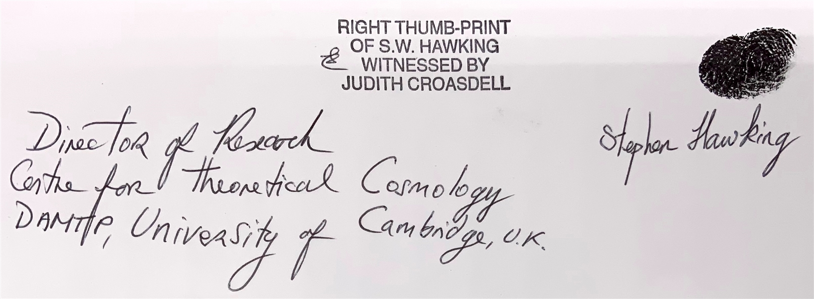 Stephen Hawking RARE Thumb-Print Signed “The Universe In A Nutshell” Book (Judith Croasdell Provenance)