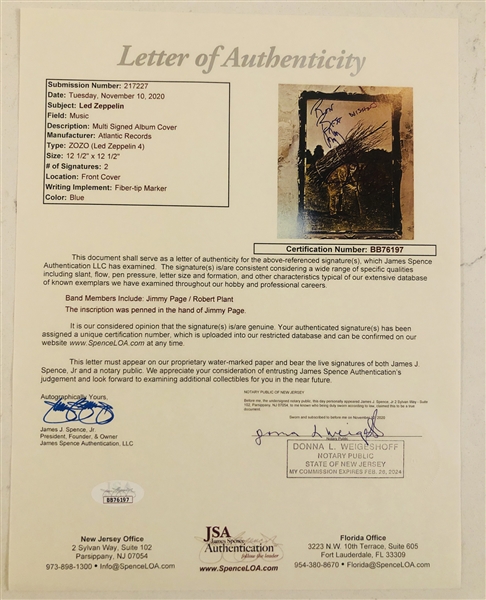 Led Zeppelin In-Person Dual-Signed Page & Plant “IV” Record Album (2 Sigs) (John Brennan Collection) (JSA Authentication)