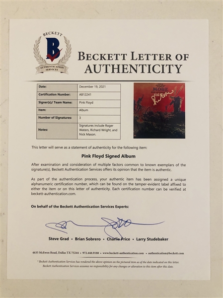 Pink Floyd In-Person Group Signed More Record Album (3 Sigs) (John Brennan Collection) (Beckett Authentication)