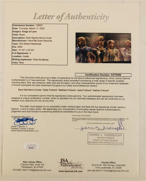 Kings of Leon Group Signed Aha Shake Heartbreak Album Record 10' LP Vinyl (4 Sigs) (John Brennan Collection) (JSA Authentication)