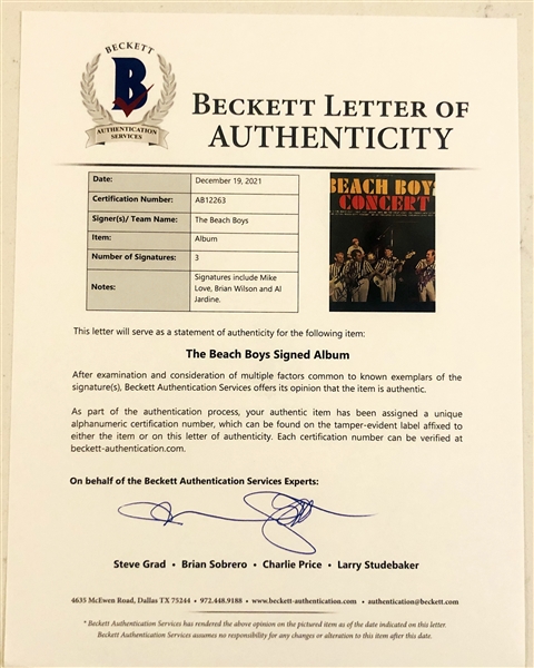 Beach Boys Group Signed Concert Album Record (3 Sigs) (John Brennan Collection) (Beckett Authentication)