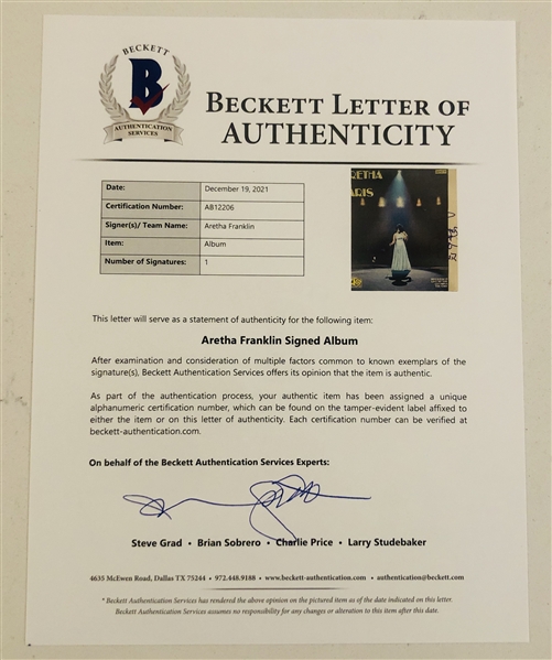 Aretha Franklin In-Person Signed In Paris Album Record (John Brennan Collection) (Beckett Authentication)