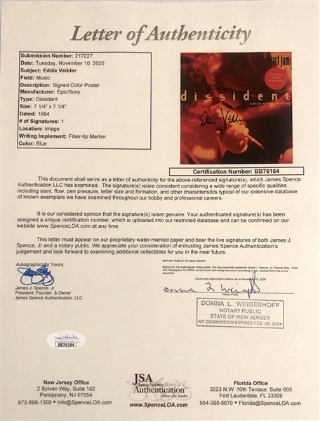Pearl Jam: Eddie Vedder Signed Dissident 7” 45 Record Poster Sleeve (John Brennan Collection) (JSA Authentication) 