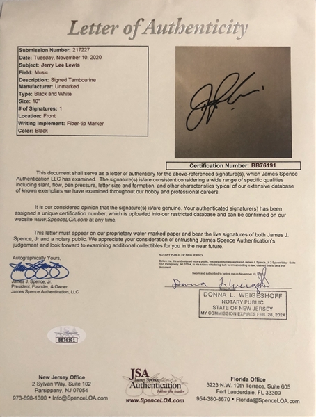 Jerry Lee Lewis In-Person Signed Tamborine (John Brennan Collection) (JSA Authentication) 