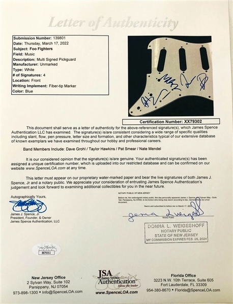 Foo Fighters In-Person Group Signed Stratocaster-Style Guitar (4 Sigs) (John Brennan Collection) (JSA Authentication)