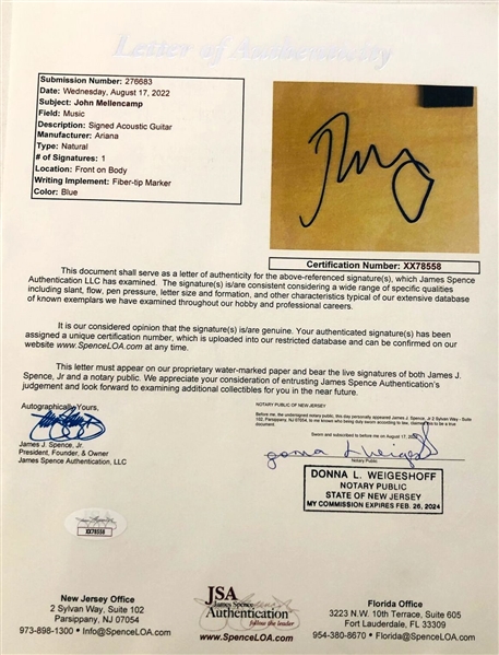 John Mellencamp In-Person Signed Acoustic Guitar (John Brennan Collection) (JSA Authentication)