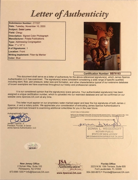 Dalai Lama Signed 7” x 10” Photo (John Brennan Collection) (JSA Authentication)