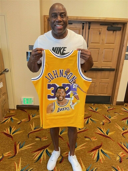 Magic Johnson Signed One-of-a-Kind Hand Painted Jersey in Custom Framed Display (Beckett/BAS)