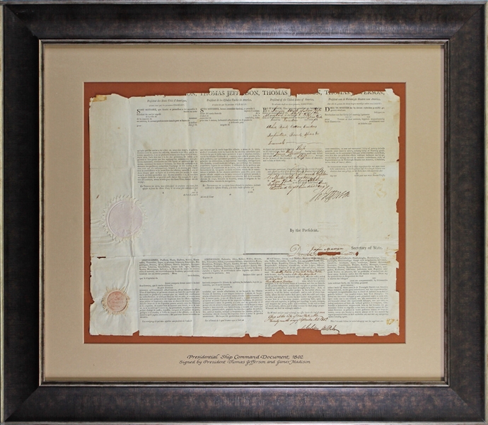 Thomas Jefferson & James Madison Signed Four Languages' Ships Passport in Custom Framed Display (JSA LOA)