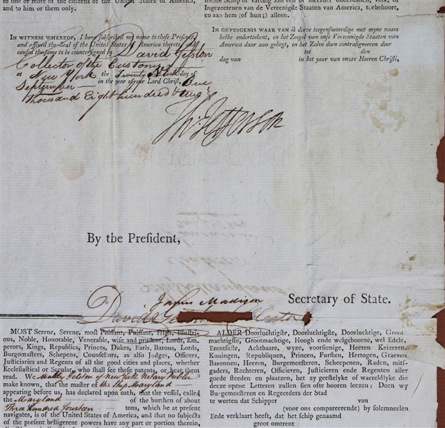 Thomas Jefferson & James Madison Signed Four Languages' Ships Passport in Custom Framed Display (JSA LOA)
