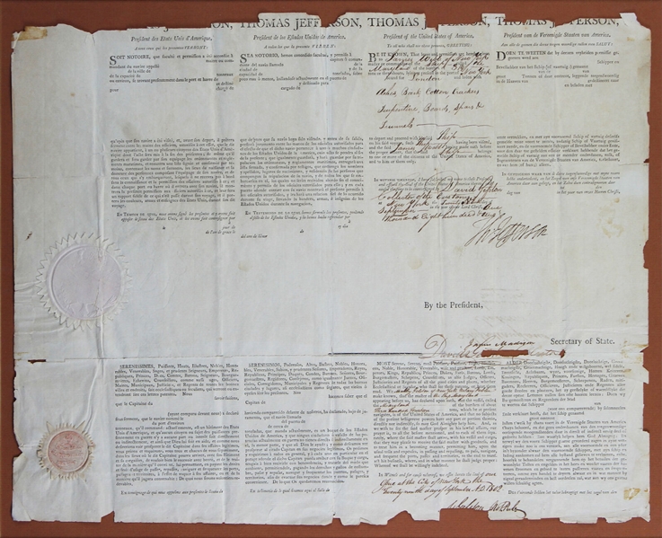 Thomas Jefferson & James Madison Signed Four Languages' Ships Passport in Custom Framed Display (JSA LOA)