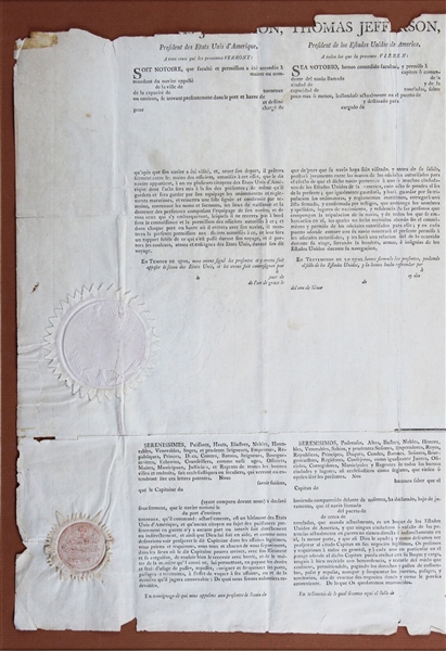 Thomas Jefferson & James Madison Signed Four Languages' Ships Passport in Custom Framed Display (JSA LOA)