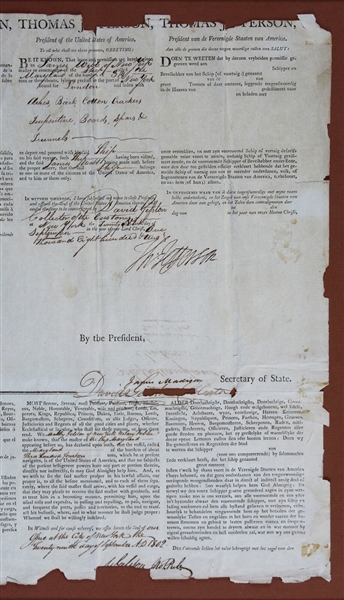 Thomas Jefferson & James Madison Signed Four Languages' Ships Passport in Custom Framed Display (JSA LOA)