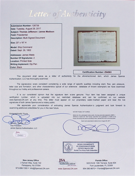 Thomas Jefferson & James Madison Signed Four Languages' Ships Passport in Custom Framed Display (JSA LOA)
