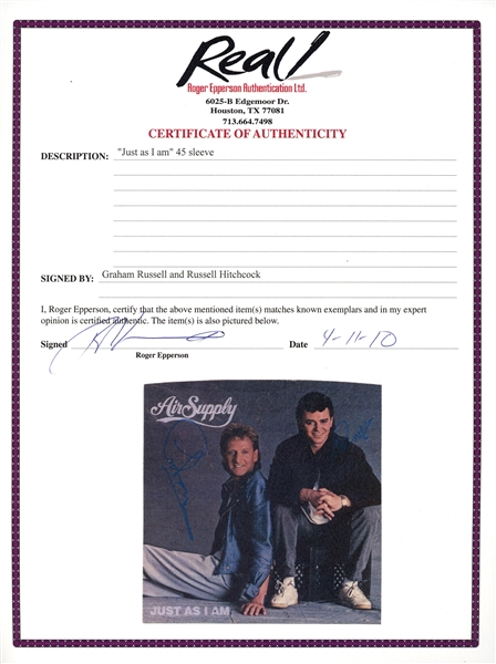 Air Supply Group Signed 7-Inch 45 RPM Album Sleeve for Just As I Am (Epperson/REAL LOA)