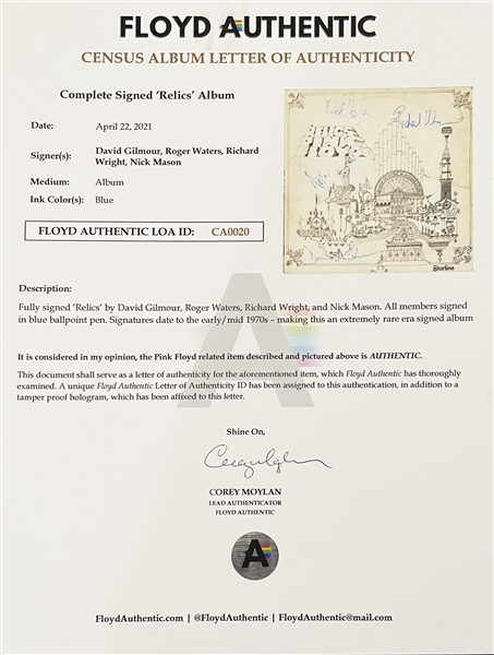 Pink Floyd Group Signed Relics Record Album (4 Sigs) (Floyd Authentic & Tracks LOAs) 