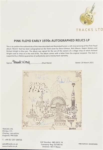 Pink Floyd Group Signed Relics Record Album (4 Sigs) (Floyd Authentic & Tracks LOAs) 