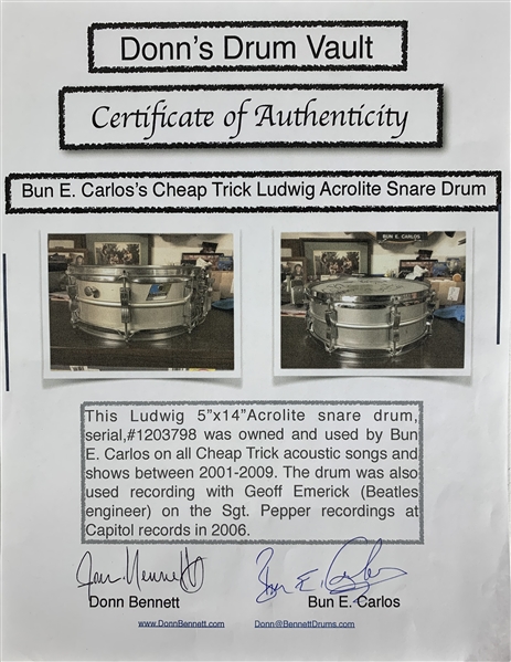 Cheap Trick Group Signed Bun E. Carlos Stage Used Snare Drum w/ Sticks & Gloves! (JSA, Epperson/REAL & Bun E. Carlos LOAs)