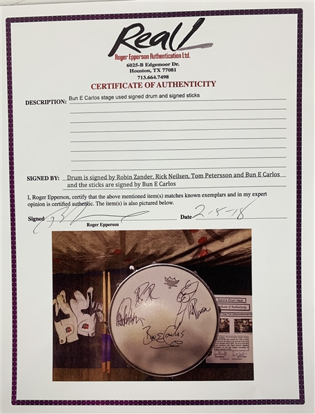 Cheap Trick Group Signed Bun E. Carlos Stage Used Snare Drum w/ Sticks & Gloves! (JSA, Epperson/REAL & Bun E. Carlos LOAs)