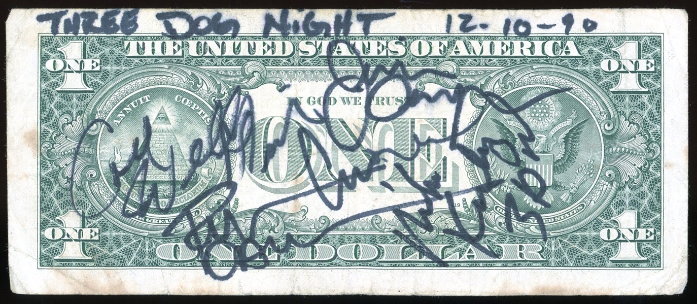 Three Dog Night: Group Signed One Dollar Bill (5 sigs)(Third Party Guaranteed)
