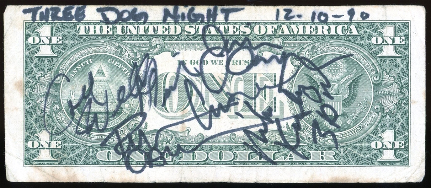 Three Dog Night: Group Signed One Dollar Bill (5 sigs)(Third Party Guaranteed)
