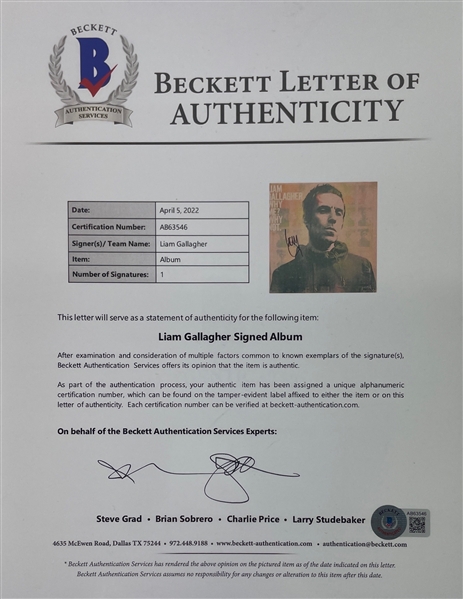Liam Gallagher Signed Why Me? Why Not Album Cover w/ Vinyl (Beckett/BAS LOA)