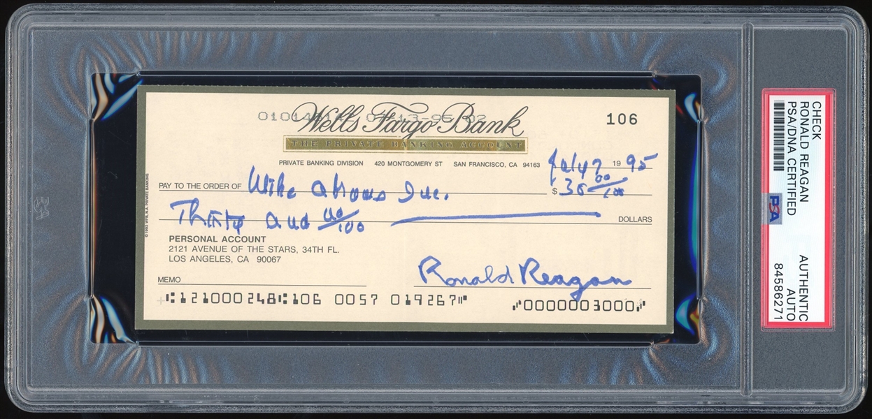Ronald Reagan Scarce Signed Bank Check (Post Alzheimer's Announcement) - One of His Last Checks (PSA/DNA Encapsulated)