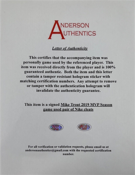 (2) Mike Trout Signed 2019 MVP Season Game Used Nike Cleats (Anderson Authentics LOA)