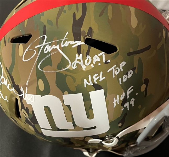 Lawrence Taylor & Bill Parcells Signed & Inscribed Camo NY Replica Helmet (JSA)