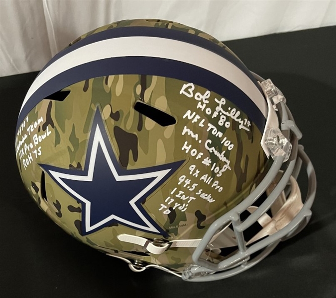 Bob Lilly Signed & Stat Inscribed Replica Cowboys Camo Helmet (JSA COA)