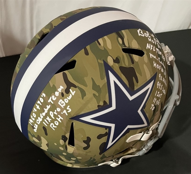 Bob Lilly Signed & Stat Inscribed Replica Cowboys Camo Helmet (JSA COA)