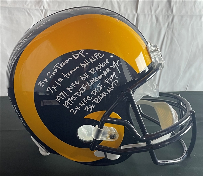 Jack Youngblood Signed & Stat Inscribed Rams Replica Helmet (JSA Witnessed)