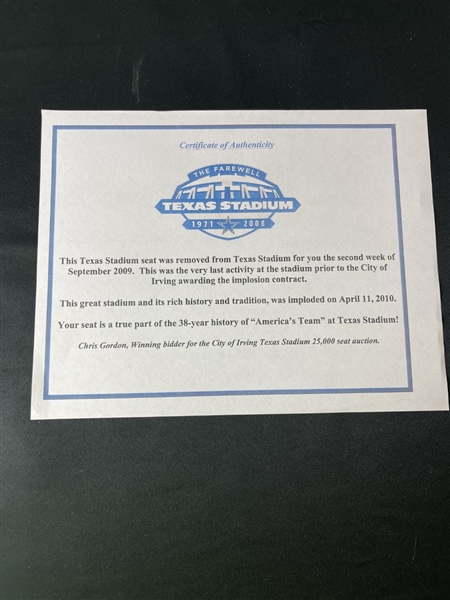 Cowboys Lilly, White, Wright, & Renfro HOF Signed Texas Stadium Seatback (Texas Stadium/Third Party Guaranteed)