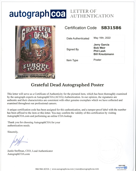 Grateful Dead Group Signed w/ Garcia 1990 European Tour 24” x 34” Poster (4 Sigs) (ACOA LOA) 