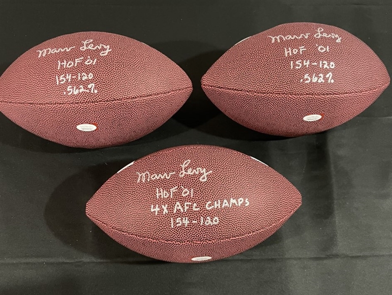 Lot of Three (3) Marv Levy Signed & Stat Inscribed Footballs (JSA Witnessed)