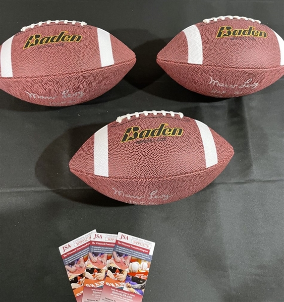 Lot of Three (3) Marv Levy Signed & Stat Inscribed Footballs (JSA Witnessed)