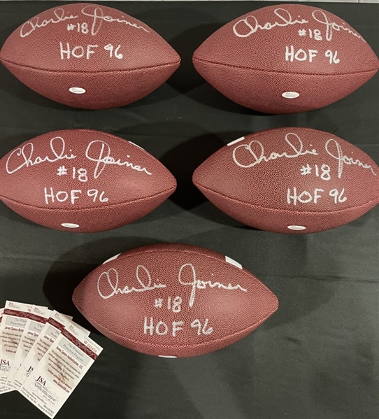 Lot of Five (5) HOF'er Charlie Joiner Signed & Inscribed Footballs (JSA Witnessed)