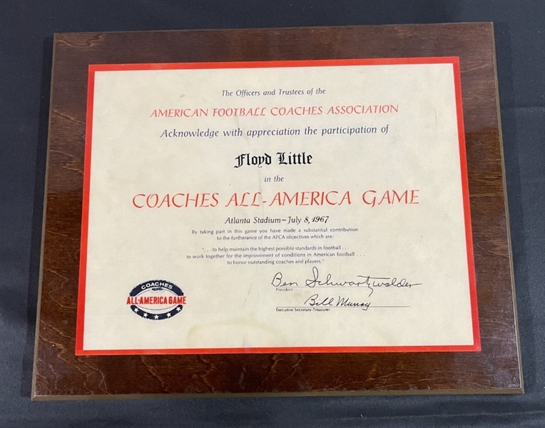 HOF'er Floyd Little & Ben Schwartzwalder Signed 1967 Coaches All America Game Award (Third Party Guaranteed)