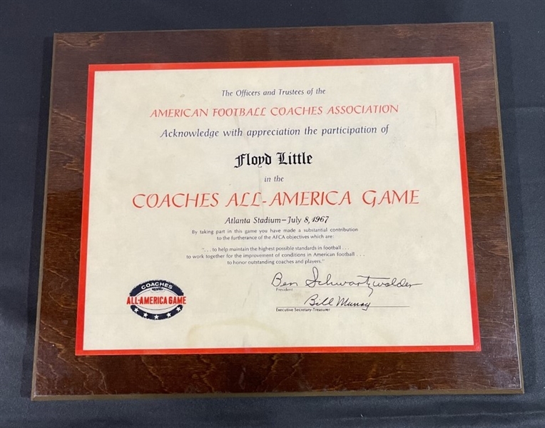 HOFer Floyd Little & Ben Schwartzwalder Signed 1967 Coaches All America Game Award (Third Party Guaranteed)