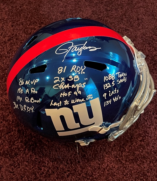 Lawrence Taylor Signed & Stat Inscribed Chrome Giants Replica Helmet (JSA Witnessed)