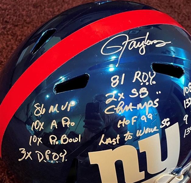 Lawrence Taylor Signed & Stat Inscribed Chrome Giants Replica Helmet (JSA Witnessed)