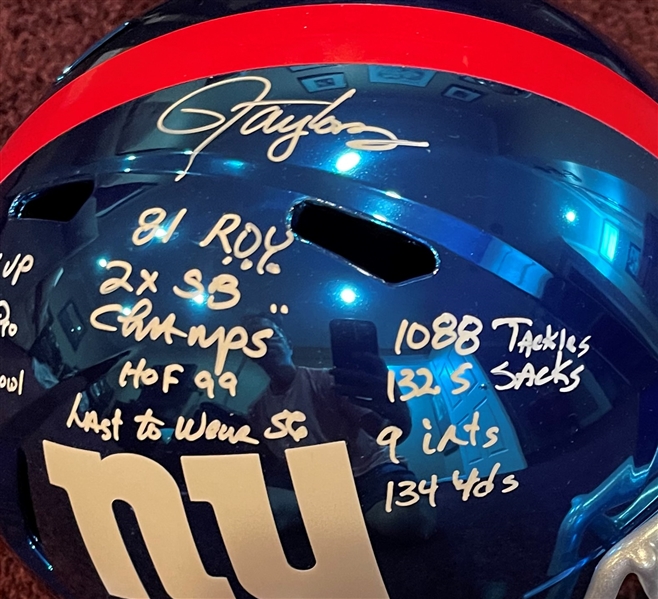 Lawrence Taylor Signed & Stat Inscribed Chrome Giants Replica Helmet (JSA Witnessed)